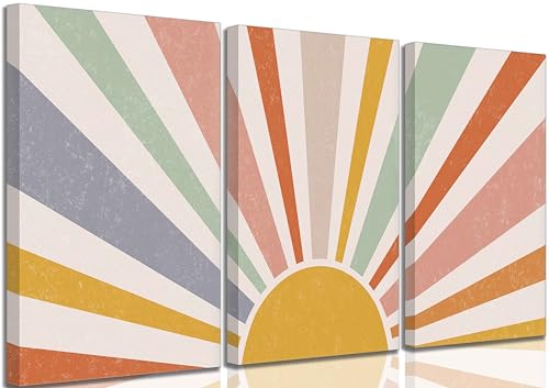 Image of HLEOXPY 3 Pieces Nursery Boho Canvas Wall Art | Rainbow Sun Rising on the Horizon Geometric Nature Illustration Line Pictures Wall Decor Poster Print for Toddler Kids Room