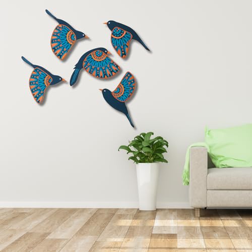 Image of GiftOday Wooden 3D 5 Pieces Birds for Wall Art Panel | Wood Bird Folk Art Wall Hanging Art Decoration Item for Living Room, Bedroom, Drawing Room, Dining Room & Office (Navy Blue) Pack of 1
