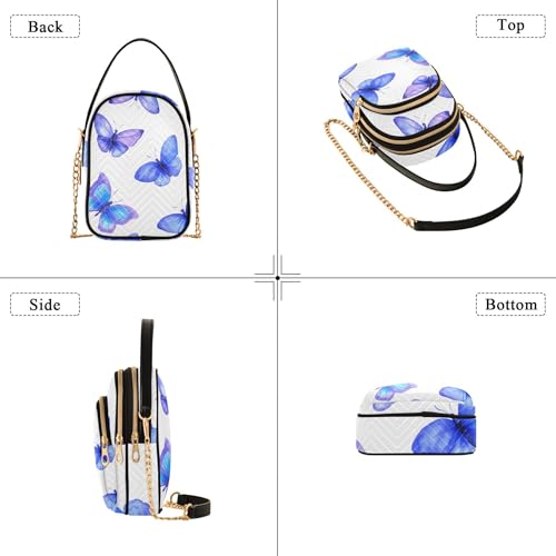 Watercolor Blue Purple Butterflies White White Women Single Shoulder Purse Phone Wallet Chain Strap Purse Floral Print Zipper Lady Crossbody Bag, 5.9" × 8.3" × 3.1"4