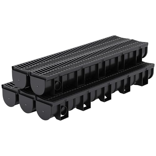 5 Pack 39.4" Trench Drain System,5.9x5.1 Inch HDPE Channel Drain with Plastic Grates & End Caps, for Garage, Garden, Patio & Driveway Drainage (Black)