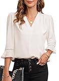 EVALESS Blouses for Women Dressy Casual 3/4 Length Sleeve Pleated V Neck Fall Tops Business Work Office Shirts Beige M