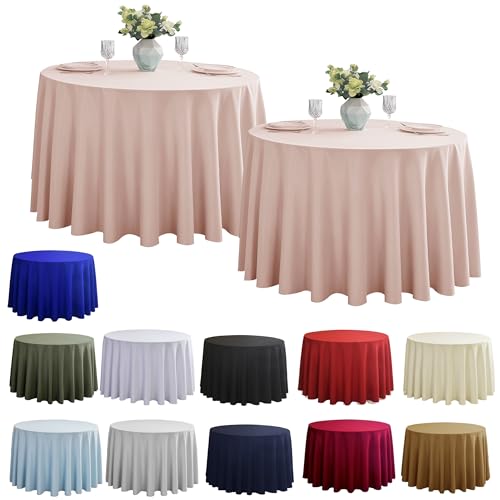 Image of 2-Pack Round 108-inch Dusty Pink Table Cloths, Solid Stain and Wrinkle Resistant Circular Tablecloth, Premium Plain Weave Polyester Fabric Table Linen Covers for Hotel, Banquet