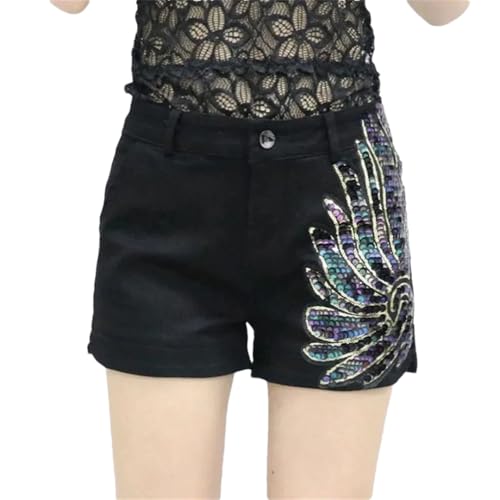 Short en jean à paillettes taille haute slim noir mode décontractée printemps été M