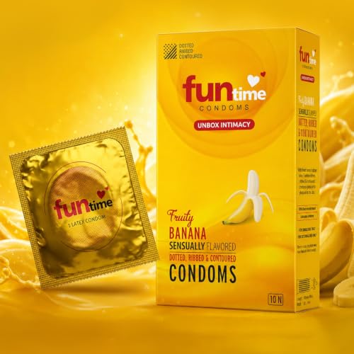Image of Funtime Banana Flavoured comdoms Pack of 2 (10pc each) | Dotted Ribbed & Contoured Condoms for Maximum Pleasure | Made With Natural Rubber Latex | Lubricated Condoms for High Excitement & Satisfaction