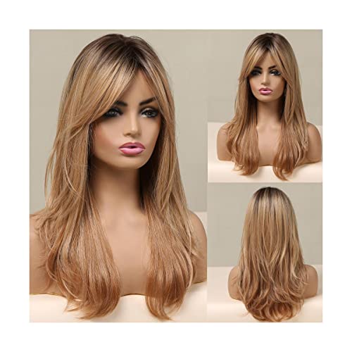 Perruque de vague naturelle longue avec frange en cheveux synthétiques