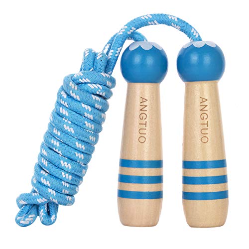 ANGTUO Sauter la Corde Enfants, Enfants Corde à Sauter réglable en Coton avec poignée en Bois de Bande dessinée pour Les garçons et Les Filles Cover