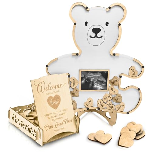 The Real Bossy Baby - Teddy Bear Baby Shower Decorations - We Can Bearly Wait - Guest Book Alternatives - Woodland Creatures - Includes Wooden Heart Tokens and Box - Centerpiece - Nursery Ultrasound Photo Frame (White)