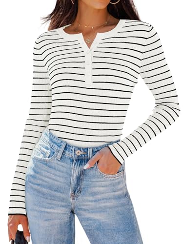 ZESICA Womens Long Sleeve Striped Shirts V Neck Button Up Sweater Casual Loose Basic Tops Trendy Spring Clothes