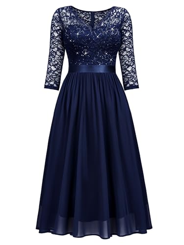 Image of Miusol Women's Elegant V Neck Sequin Lace Sleeve Bridesmaid Party A-line Dress (Large, Navy Blue)