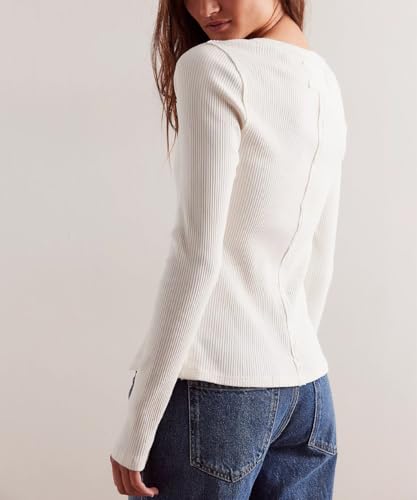 Image of Women's Slim Fitted Cardigan Ribbed Knit Long Sleeve Button Down Shirt Crewneck Y2K Blouse Tops,White,S