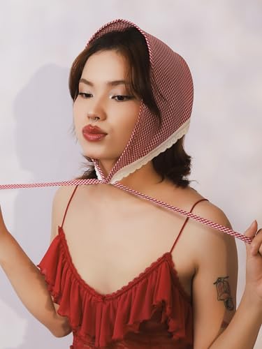 Ojerry Country Cottagecore Lace Rim Headband Hair Headscarf Red Checkered Bandana Scarf Aesthetic Accessories For Women thumb #1