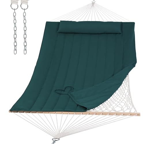 Image of SUNCREAT Hammocks 2 Person Hammock with Hardwood Spreader Bar, Double Rope Hammock with Polyester Pad, Dark Green