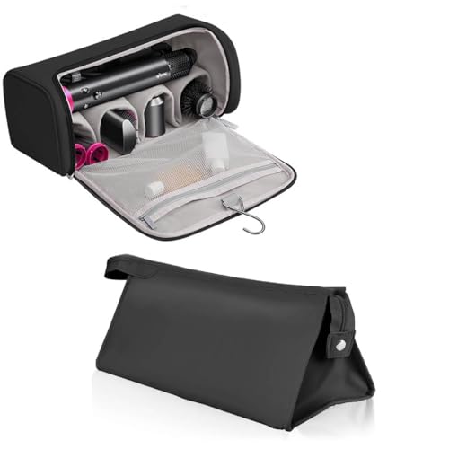 Image of MAYCREATE PU Leather Travel Case and Organizer Bag Combo for Dyson Airwrap Styler and Attachments, Waterproof, Shockproof, Dustproof Storage, Portable with Hanging Hook, Black, Gift Set