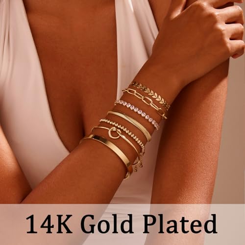 7PCS Gold Bracelets for Women, 14K Gold Plated Bangle Cubic Zirconia Cuff Bracelet Set with Adjustable Chain, Beaded Bracelets Jewelry Gift for Women Trendy3