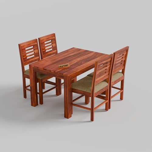 Image of 45 Inch Length Solid Sheesham Wood 4 Seater Dining Table Set | Four Seater Dinner Table with 4 Cushions Chairs | Dinning Table Set 4 Seater for Living Room | Table & Chair Set | Honey Finish