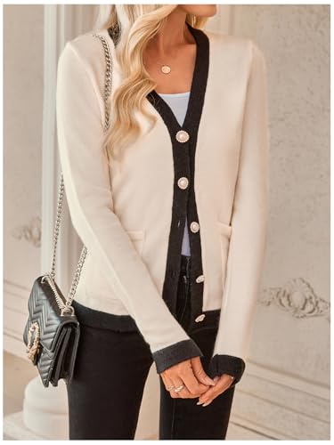 Image of WDIRARA Women's Casual Flap Detail Button Front Cardigan V Neck Long Sleeve Contrast Trim Coat