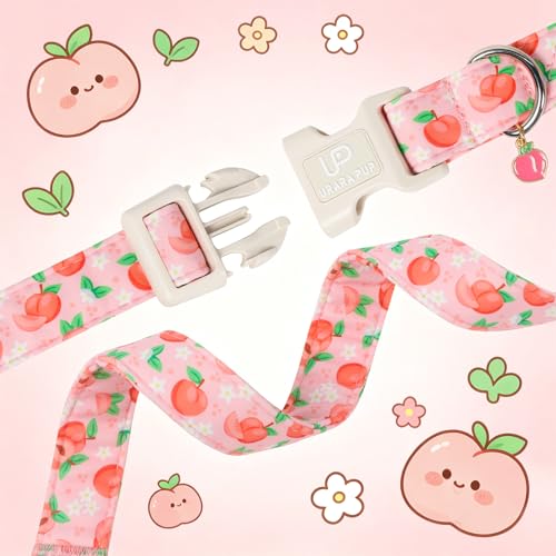Image of Peach Dog Collar, Summer Spring Cotton Dog Collar, Cute Fruit Pattern Adjustable Pink Pet Collar, Lightweight Durable Quick Release Buckle with Charm for Female Dogs