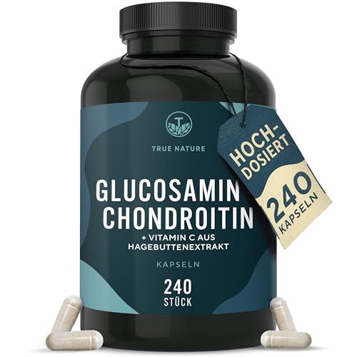 Glucosamin Chondroitin hochdosiert - 240 Kapseln mit 2600mg Glucosamin & Chondroitin pro Tag - mit Vitamin C (trägt zur normalen Kollagenbildung bei) - Pharmazeutische Qualität - TRUE NATURE