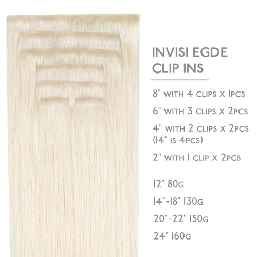 Image of WENNALIFE Invisi Edge Clip in Hair Extensions Real Human Hair, 22 Inch 150g 7pcs White Blonde Seamless Clip in Extensions Remy Hair Clip Ins Invisible PU Skin Weft Straight Extensiones De Cabello Hman