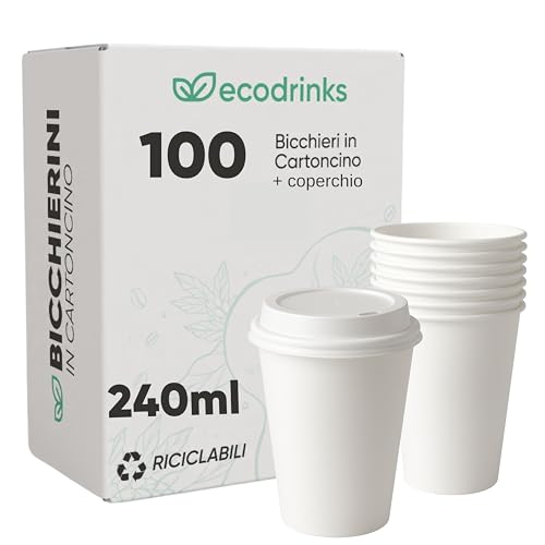 ecodrinks - 100 Bicchieri di Carta con Coperchio di Plastica da 240ml - Per Caffè Lungo, Espresso, Ginseng, Acqua o Cocktail - Adatti all'Uso Domestico, Bar, Uffici e Eventi
