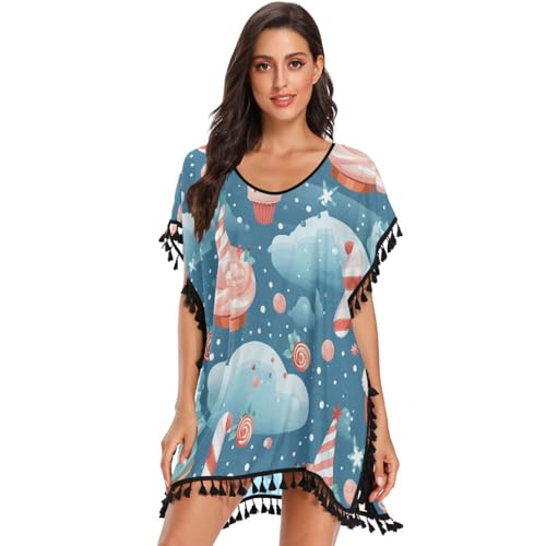 Ice Cream Snow Blue Women's Beach Cover Up Chiffon Tassel Swimwear Swimsuit Coverups for Girl