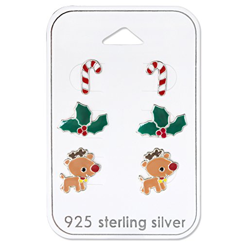 ICYROSE 925 Sterling Silver Hypoallergenic (SET OF 3) Assorted Christmas Set Candy cane green holly berries Rudolph deer Stud Earrings 30770