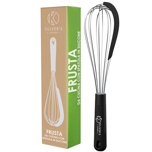 Frusta da Cucina Oliver's Kitchen – Frusta a Mano in Acciaio Inox con Spatola in Silicone Anti-Sprechi – Ideale per Dolci, Uova e Qualunque Altra Preparazione – Impugnatura Ergonomica