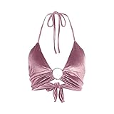 Women Deep V-Neck Self-Tie Camisole Metal Ring Halter Backless Crop Top (Pink, Small)