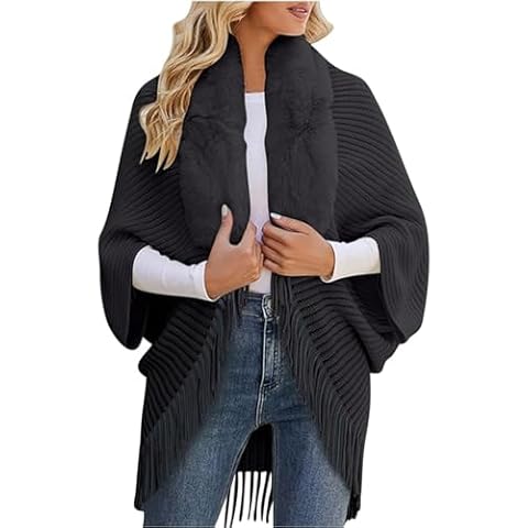 Winter Knit Fringe Fur Collar Shawl, Ladies Knitted Loose Thickened Shawl, Knit Fringe Cape Shawl Fur Collar Cape (Black,one size) Cover