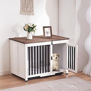 MCombo Wooden Dog Crate Furniture, Dog Kennel Pet House End Table, Solid Wood Portable Foldable Indoor Cage for Dogs, No Assembly Needed (Medium, White and Brown)