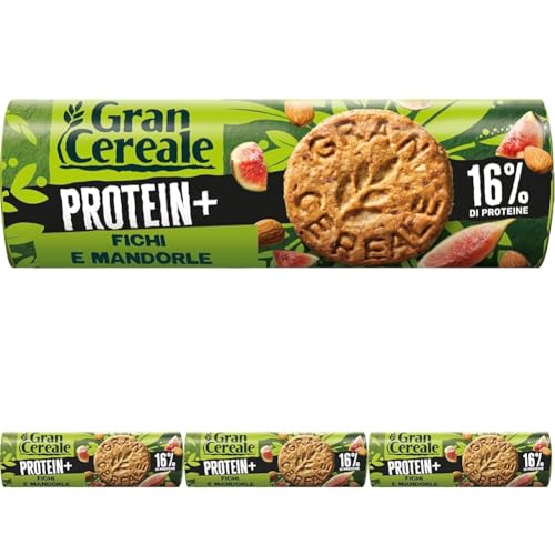 Gran Cereale, Biscotti Proteici Protein+ Fichi e Mandorle, con 16% di Proteine e Ingredienti 100% Vegetali, Biscotti da colazione, Tubo da 250g (Confezione da 4)