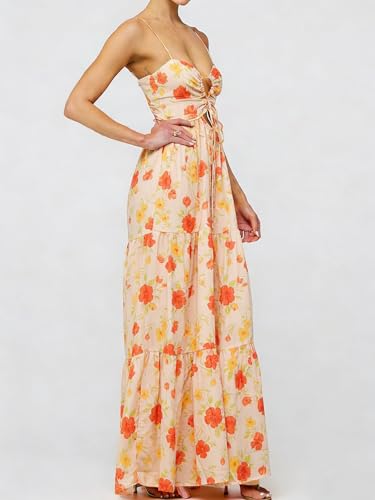 Image of Womens Summer Floral Spaghetti Strap Backless Low Cut Smocked Milkmaid Flowy Beach Sundresses