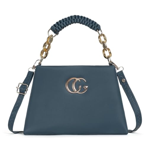 Image of Black Structured Handbag with Gold Chain Handle and Woven Crossbody Strap, Faux Leather