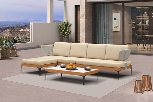 Image of PURPLE LEAF Patio Furniture Set Outdoor Sectional Sofa with Fade-Resistant Cushions Coffee Table Wicker L-Shaped 6 Pieces Aluminum Conversation Sets with Ottoman for Balcony Yard Poolside, Khaki