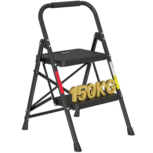 BONTEC 2-Step Ladder, Folding Step Stool, 600lbs Max Load Capacity, Sturdy Steel, Non-Slip Pedals, Lightweight, Portable Steel Ladder with Convenient Handrail, Safety Design for Home & Work, Black