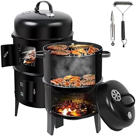 ZXMT 17 Inch Vertical Multi-Layer Steel Charcoal Smoker, Heavy Duty Round Charcoal BBQ Grill for Outdoor Smoking Charcoal Grill with Thermometer Outdoor Home Party
