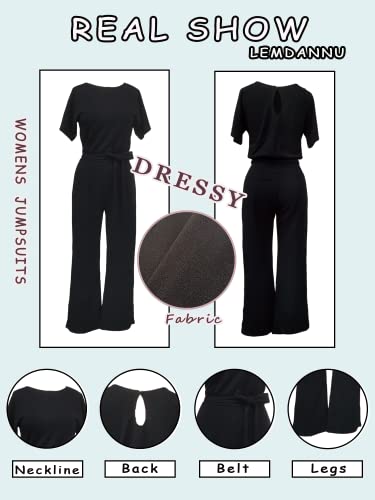 Lemdannu Black Dressy Jumpsuits For Women Travel Loose Crew-Neck Short Sleeve Tie Waist Wide Legs Rompers Black Xl #TOP4