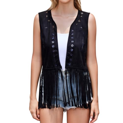 Western Women Fringe Tassel Vest 70s Cowgirl Faux Suede Sleeveless Vest