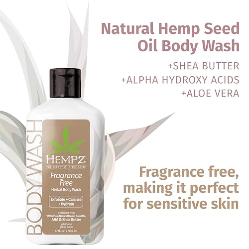 Image of Hempz Body Wash - Fragrance Free - Hydrating for Sensitive Skin, Scented, Exfoliating with Shea Butter, Pure Hemp Seed Oil, and Algae for Sensitive Skin - 17 fl oz