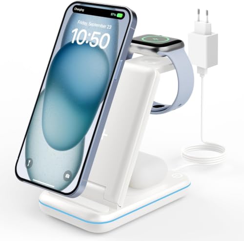 JoyGeek Cargador Inalámbrica, Plegable 3 en 1 Base Cargador para i Phone 17/16/15/14/13/12/Plus/Pro MAX, Estación de Carga para AppleWatch Ultra-2, Rapida Wireless Charger para AirPods 4/Pro/3/2