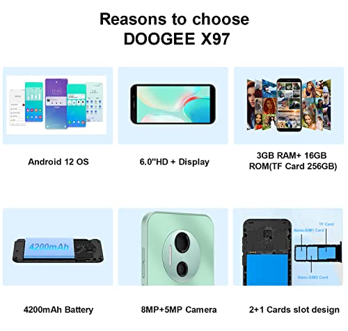 Doogee X97 Android 12 Smartphone,6.0" Hd Screen,Dual 4G Unlocked Android Phones,Ai Double Camera,Triple Card Slots,4200Mah Battery,3Gb+16Gb Unlocked Phones,Face Unlock Phone-Green #TOP1