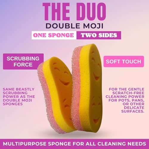 Image of Smilyeez Double-Size Scrub Moji Duo Sponge 2-Pack - Dual Smiling Faces, Temperature-Responsive Scrubber - Scratch-Free, Odor & Stain Resistant