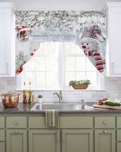 Jolunifun Xmas Snowman, Swag Valance Kitchen Curtains, Rod Pocket Valance Curtain Panels for Bedroom Living Room Bathroom Cafe Windows, Christmas Snowy Tree Branch 56''x36''