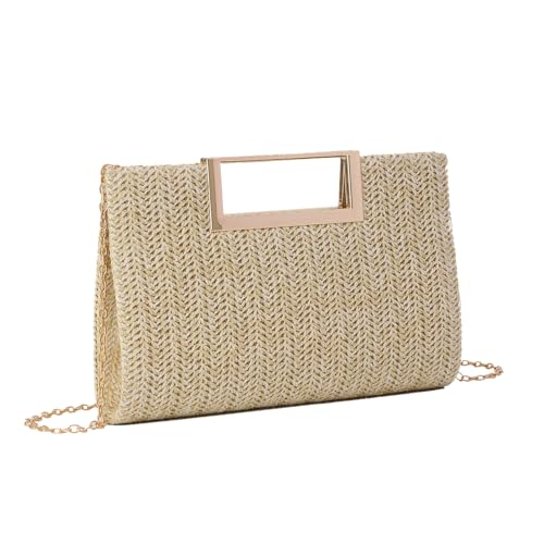 Imagen de EVEOUT Bolso de Paja para Mujer Clutch de Fiesta y Noche Boda Paja con Cadena Bolsos Bandolera Paja Tejido para Vacaciones y Playa Color Natural Tamaño 26 x 17 x 5 cm