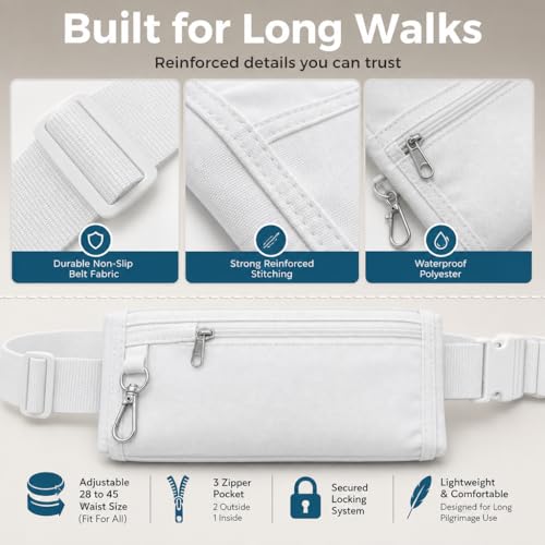 Image of Ihram Ahram Belt for Men | Hajj Umrah Bag | White Polyester Waterproof | 3 Pocket Zipper | Adjustable Strap | Fits Waist Size 28 to 42 | Nafeed