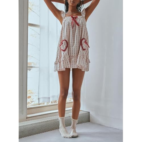 HOXIJIA Women Cute Floral Printed Mini Dress Sleeveless Bow Front Loose Ruffled Short Dress Summer Gingham Babydoll One Piece4
