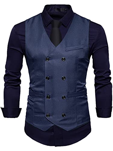 Lars Amadeus Suit Vest for Men's Double Breasted V-Neck Slim Fit Formal Wedding Dress Waistcoat