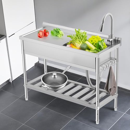 Image of Garvee 47 Inch Commercial Utility Sink with Faucet, Freestanding Stainless Steel Sink with Workbench & Storage for Kitchen, Laundry, Garage, Outdoor
