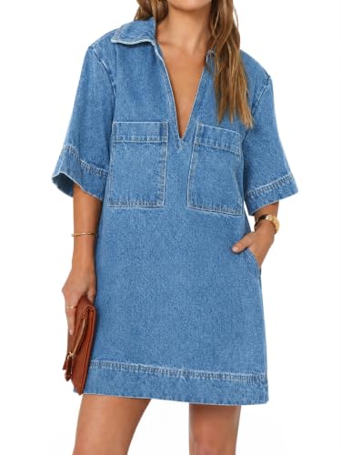 Image of Fisoew Womens Denim Shirt Dress Summer Collared V Neck Mini Casual Jean Dresses with Pockets