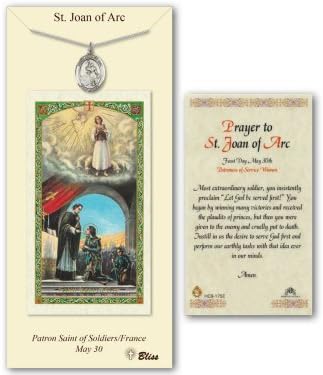 Pewter St. Saint Joan of Arc Medal Pendant Necklace on an 18in Stainless Silver Lite Curb Chain with a Prayer to St Joan of Arc Prayer Card - Image 2